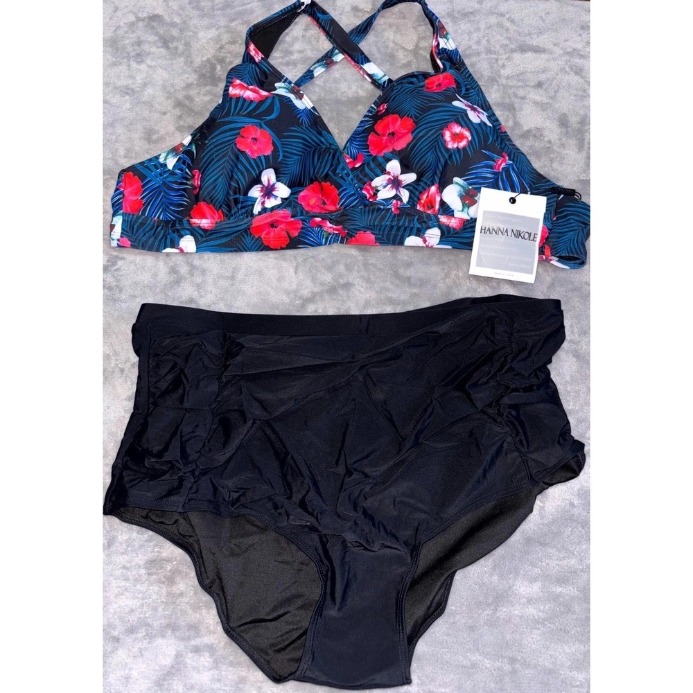 Hanna Nikole 2PC Ruched Swim Bikini Set Women 24W Black Blue Floral High Waisted